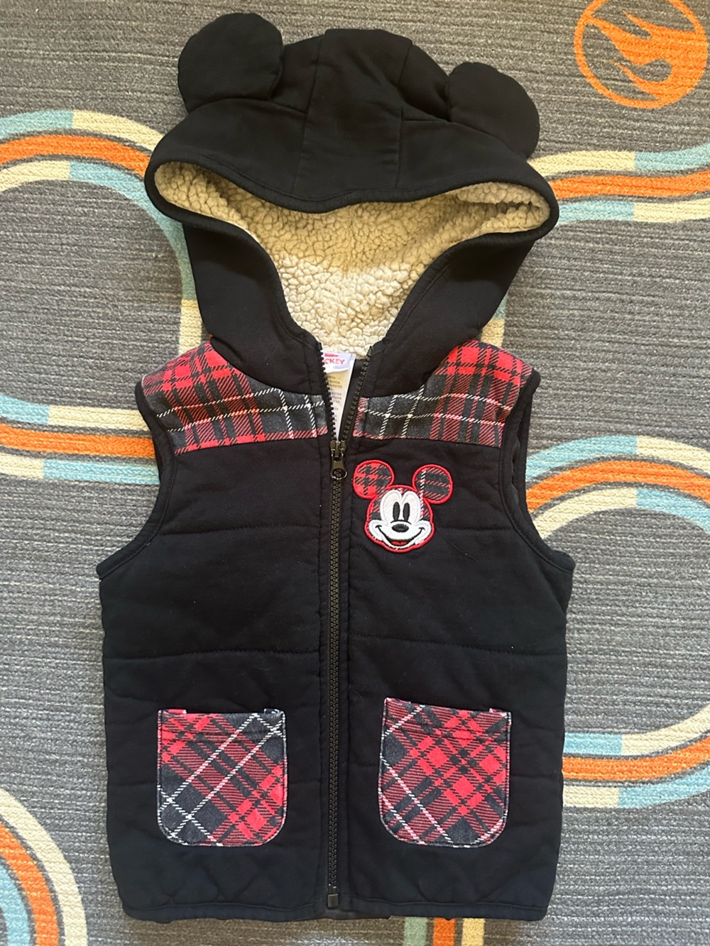 Kids Disney Plaid Mickey Mouse Hooded Vest with Ears